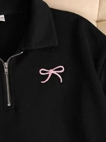 SHEIN 青少年女孩休閒基礎款半拉鍊高領精緻蝴蝶結刺繡花卉灰色保暖內裡加厚套頭衛衣 秋冬款 - 黑色 - 查看 6