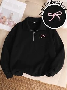 SHEIN 青少年女孩休閒基礎款半拉鍊高領精緻蝴蝶結刺繡花卉灰色保暖內裡加厚套頭衛衣 秋冬款 - 黑色 - 查看 2