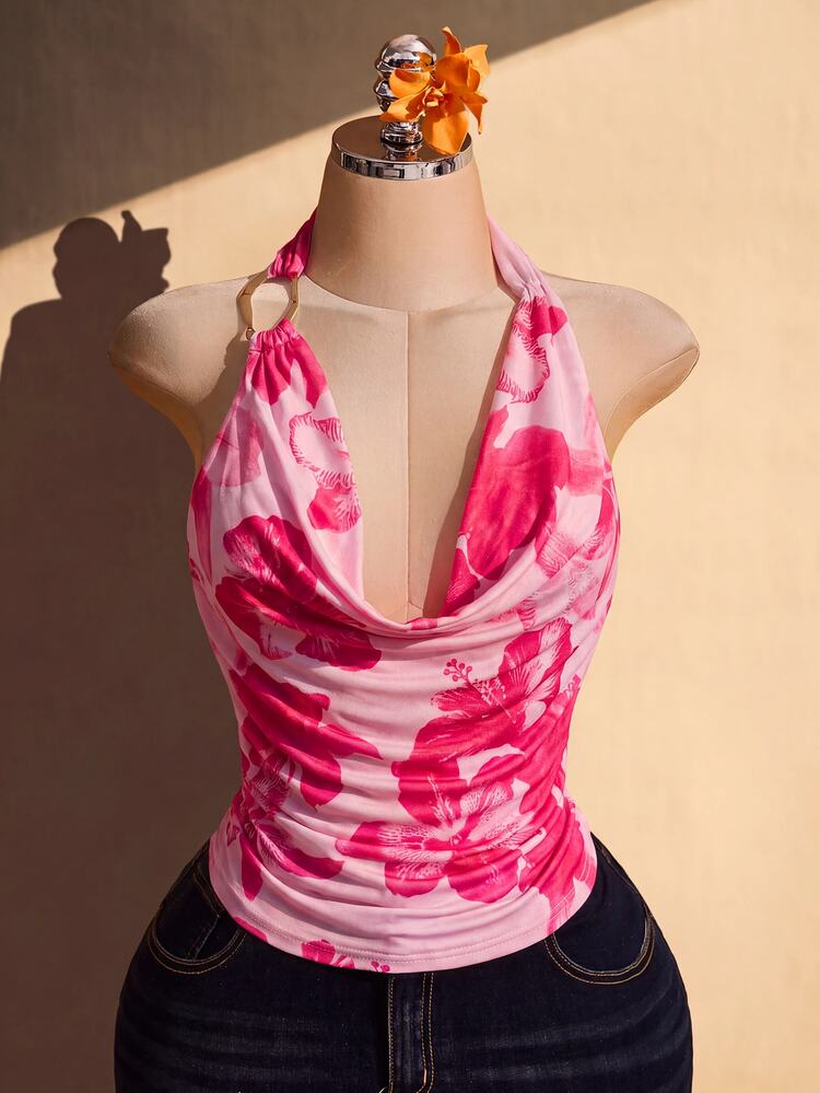 SHEIN ICON Plus Size Women's Floral Print Casual Versatile Daily Wear Halter Top - Pink - View 10