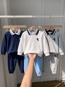男嬰秋冬休閒學院風可愛百搭藍白配色長袖 Polo 領衛衣，適合秋冬幼兒園穿著 - 白色 - 查看 2