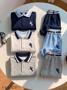 男嬰秋冬休閒學院風可愛百搭藍白配色長袖 Polo 領衛衣，適合秋冬幼兒園穿著 - 白色 - 查看 7