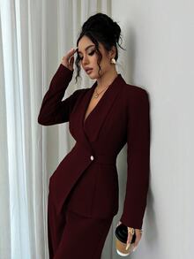 Elenzga 女款酒紅色優雅休閒翻領V領長袖腰帶西裝外套直筒寬腿褲兩件套套裝 辦公秋季 - 中紫紅色 - 查看 5