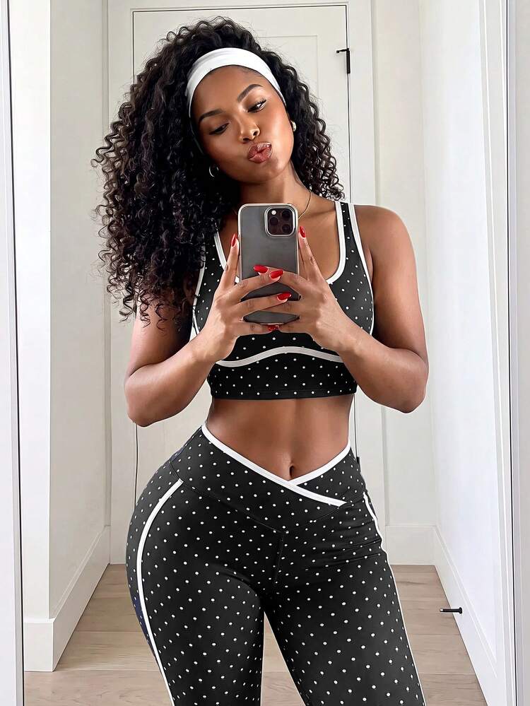 BamGleam Women's Versatile Black And White Polka Dot Print Cropped Tank Top And Criss-Cross Waist Tight Long Pants Sports Set Gym Summer Sporty Athleisure - Black and White - View 6