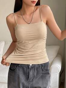 DAZY Women's Solid Color Pleated Casual Versatile Daily Wear Camisole Top Summer Top - Apricot - View 5