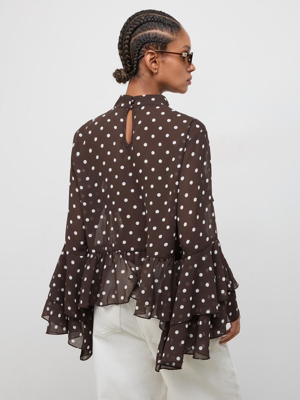 SHEIN Maija Brown And White Polka Dot Print Flounce Sleeve Ruffle Hem Blouse Brunch Office Autumn Elegant Holiday Vacation Graduation Elegant Casual Formal