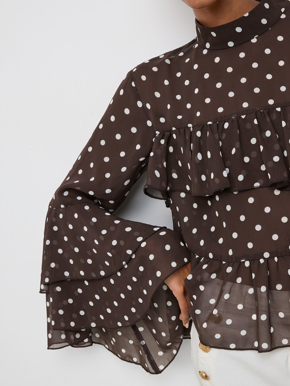 SHEIN Maija Brown And White Polka Dot Print Flounce Sleeve Ruffle Hem Blouse Brunch Office Autumn Elegant Holiday Vacation Graduation Elegant Casual Formal