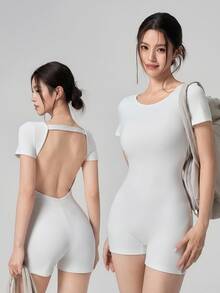 DAZY 夏季韓式圓領短袖白色露背鏤空挖空修身短款瑜伽健身休閒通勤女款運動連身褲 - 白色 - 查看 5