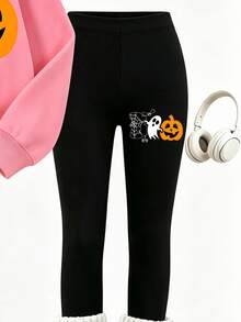 青少年女孩趣味氛圍粉色圓領衛衣套裝，個性化印花套裝，充滿萬聖節趣味元素，個性化衛衣，適合秋冬，日常出遊，休閒穿著，活力造型，休閒旅行，基礎款，舒適易穿，休閒日常 - 彩色 - 查看 3