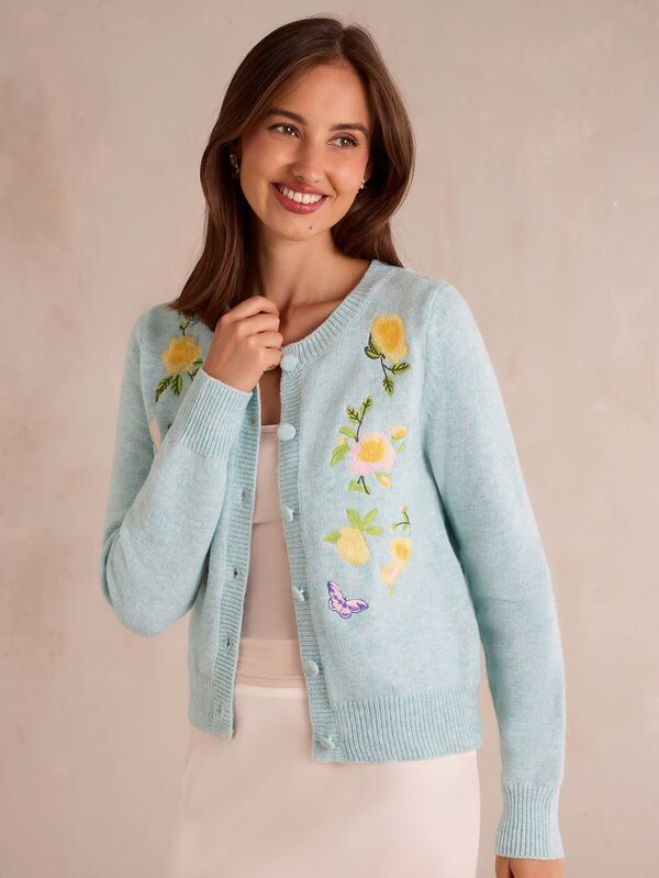 Enchnt Premium Pre-Fall Romantic Women's Elegant Mint Green Vintage Floral Embroidered Wool Sweater Cardigan,Casual Tops,Festival Outfits,Work Outfits