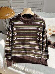SHEIN 青少年男孩棕色針織毛衣，簡約經典套頭上衣，柔軟秋季款，開學季聖誕節萬聖節日常休閒 80 年代風格，易搭配 - 咖啡棕 - 查看 3