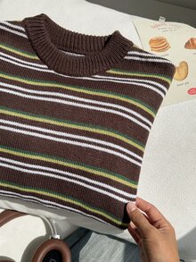 SHEIN 青少年男孩棕色針織毛衣，簡約經典套頭上衣，柔軟秋季款，開學季聖誕節萬聖節日常休閒 80 年代風格，易搭配 - 咖啡棕 - 查看 5
