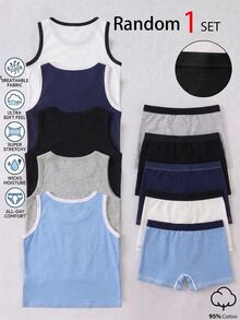 Random 1 Set Tween Boys Traceable Cotton Contrast Trim Solid Color Minimalist Basic Sporty Soft Cotton Tank Top & Boxer Briefs Set - Multicolor - View 2