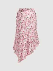 SHEIN MOD Women's Retro Casual Elegant Floral Print Drawstring Waist Ruched Irregular Hem Vacation Style Skirt Boho Summer Holiday Autumn Dinner Pink Floral - Pink - View 6