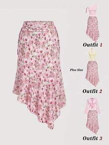 SHEIN MOD Women's Retro Casual Elegant Floral Print Drawstring Waist Ruched Irregular Hem Vacation Style Skirt Boho Summer Holiday Autumn Dinner Pink Floral - Pink - View 5
