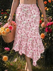SHEIN MOD Women's Retro Casual Elegant Floral Print Drawstring Waist Ruched Irregular Hem Vacation Style Skirt Boho Summer Holiday Autumn Dinner Pink Floral - Pink - View 8
