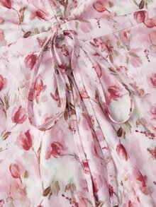 SHEIN MOD Women's Retro Casual Elegant Floral Print Drawstring Waist Ruched Irregular Hem Vacation Style Skirt Boho Summer Holiday Autumn Dinner Pink Floral - Pink - View 3