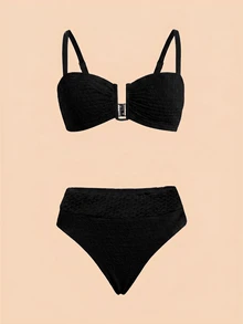 Travachic Bộ đồ bơi bikini 2 mảnh nữ mùa hè đi biển màu trơn, áo dây spaghetti gợi cảm và quần tam giác - màu đen - Xem 3