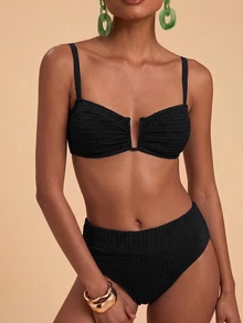 Travachic Bộ đồ bơi bikini 2 mảnh nữ mùa hè đi biển màu trơn, áo dây spaghetti gợi cảm và quần tam giác - màu đen - Xem 1