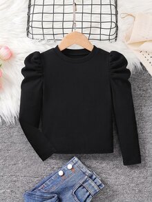 SHEIN Emery Rose Kids 少女休闲日常通勤简约纯色立领羊腿袖修身T恤，秋季款 - 黑色 - 查看 3