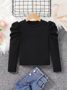 SHEIN Emery Rose Kids 少女休闲日常通勤简约纯色立领羊腿袖修身T恤，秋季款 - 黑色 - 查看 2