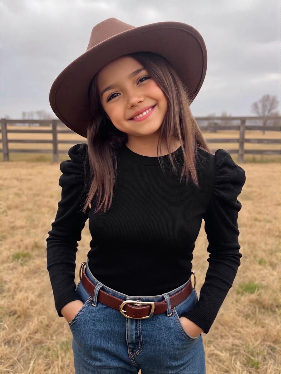 SHEIN Emery Rose Kids 少女休闲日常通勤简约纯色立领羊腿袖修身T恤,秋季款 - 黑色 - 查看 1