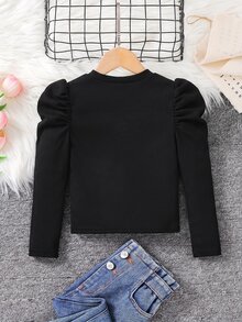 SHEIN Emery Rose Kids 少女休闲日常通勤简约纯色立领羊腿袖修身T恤，秋季款 - 黑色 - 查看 4