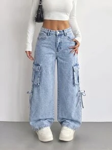 SHEIN Teen Girl Y2k Pockets And Bowknot Design Light Blue Loose Workwear Jeans For Black To School - Blue - View 5