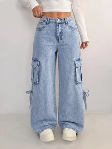 SHEIN Teen Girl Y2k Pockets And Bowknot Design Light Blue Loose Workwear Jeans For Black To School - Blue - View 7