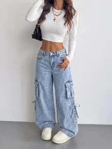 SHEIN Teen Girl Y2k Pockets And Bowknot Design Light Blue Loose Workwear Jeans For Black To School - Blue - View 4