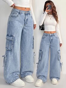 SHEIN Teen Girl Y2k Pockets And Bowknot Design Light Blue Loose Workwear Jeans For Black To School - Blue - View 3