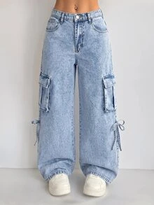 SHEIN Teen Girl Y2k Pockets And Bowknot Design Light Blue Loose Workwear Jeans For Black To School - Blue - View 6