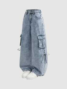 SHEIN Teen Girl Y2k Pockets And Bowknot Design Light Blue Loose Workwear Jeans For Black To School - Blue - View 1