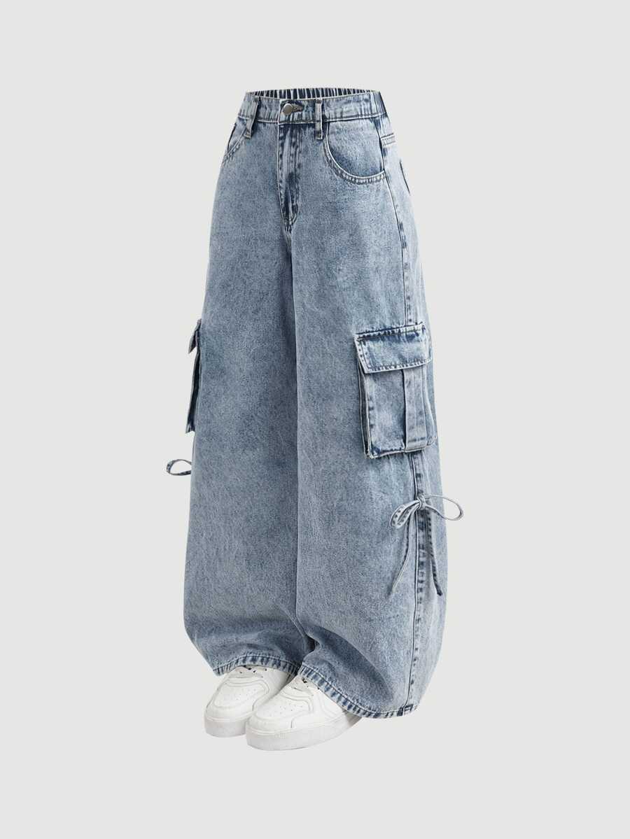 SHEIN Teen Girl Y2k Pockets And Bowknot Design Light Blue Loose Workwear Jeans For Black To School - Blue - View 1