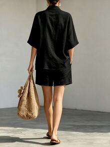 EMERY ROSE Plus Size Women's Solid Color Top And Shorts Casual Daily 2-Piece Set - Black - View 2