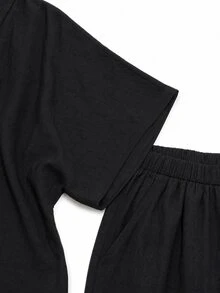 EMERY ROSE Plus Size Women's Solid Color Top And Shorts Casual Daily 2-Piece Set - Black - View 3