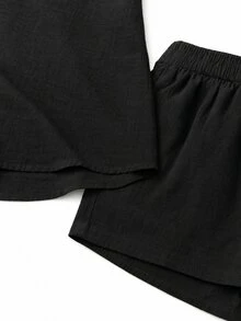 EMERY ROSE Plus Size Women's Solid Color Top And Shorts Casual Daily 2-Piece Set - Black - View 4