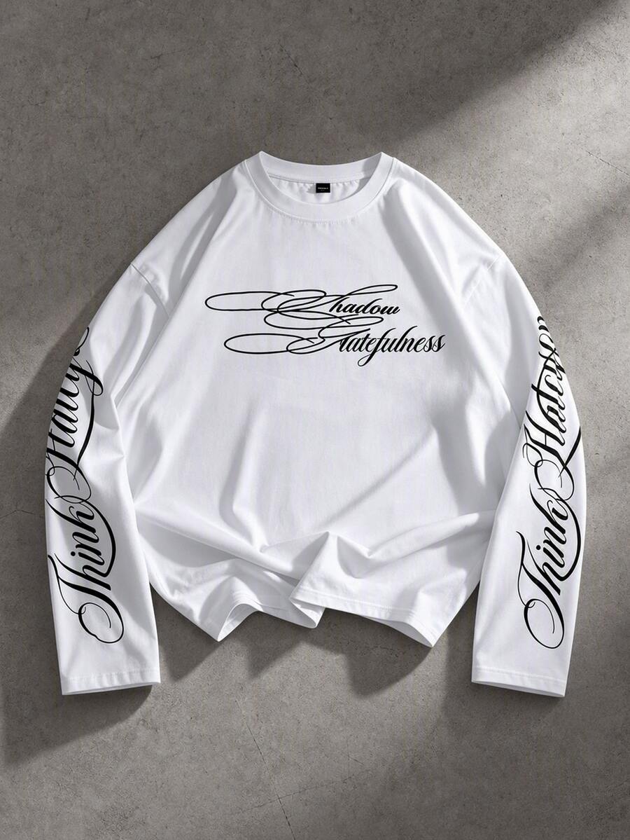 ROMWE MEN Camiseta de manga larga de corte holgado para hombre con estampado de caligrafía - Blanco - Ver 1