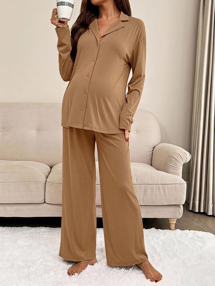Slowluna Maternity Solid Color Long Sleeve Top And Adjustable Waist Long Pants Casual Daily 2 Pieces Set Fall - Coffee Brown - View 3