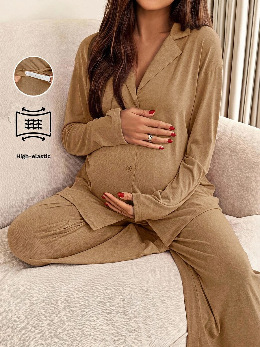 Slowluna 孕婦純色長袖上衣與可調腰長褲休閒日常兩件套 秋季 - 咖啡棕 - 查看 1