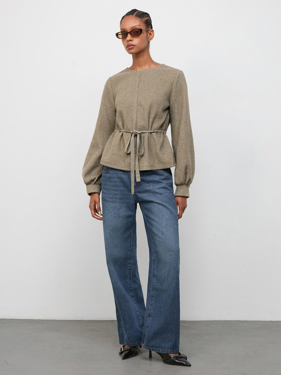 SHEIN Maija Damen Braun Langarm Top mit geraffter Taille und Kordelzug, Herbst/Winter Urban Lässig Minimalistisch