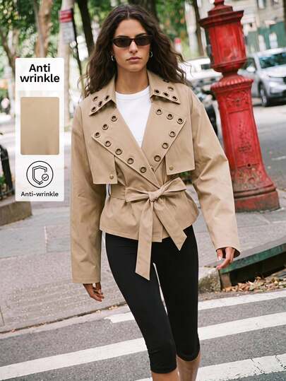 Maija Women's Trench Coat Jacket With Eyelet Decoration, Autumn Urban Casual Waist-Cinching Eyelet Decor Casual Y2k Going Out
