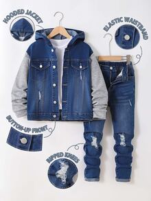 Kids 2Pcs Tween Boy Frayed Holes Loose-Fitting Hooded Long-Sleeved Jacket And Stretchy Tight Jeans - Blue - View 1