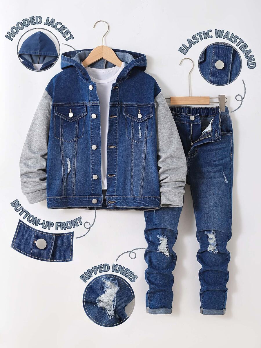 Kids 2Pcs Tween Boy Frayed Holes Loose-Fitting Hooded Long-Sleeved Jacket And Stretchy Tight Jeans - Blue - View 1