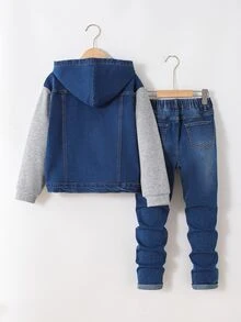 Kids 2Pcs Tween Boy Frayed Holes Loose-Fitting Hooded Long-Sleeved Jacket And Stretchy Tight Jeans - Blue - View 2