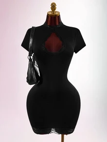 Amplova Women's Lace Patchwork Mini Dress With High Neck, Sexy Cutout, Cheongsam Collar And Open Back - Black - View 10
