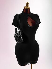 Amplova Women's Lace Patchwork Mini Dress With High Neck, Sexy Cutout, Cheongsam Collar And Open Back - Black - View 12