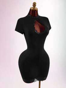Amplova Women's Lace Patchwork Mini Dress With High Neck, Sexy Cutout, Cheongsam Collar And Open Back - Black - View 13