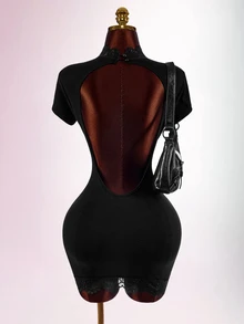 Amplova Women's Lace Patchwork Mini Dress With High Neck, Sexy Cutout, Cheongsam Collar And Open Back - Black - View 9