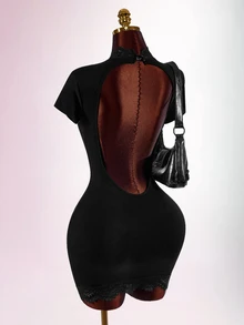 Amplova Women's Lace Patchwork Mini Dress With High Neck, Sexy Cutout, Cheongsam Collar And Open Back - Black - View 1