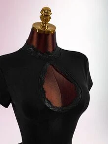 Amplova Women's Lace Patchwork Mini Dress With High Neck, Sexy Cutout, Cheongsam Collar And Open Back - Black - View 2